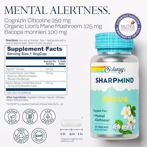 Image of SOLARAY SharpMind Focus, Mental Alertness Nootropic Supplement, Memory Support, Each Capsule with Cognizin Citicoline, Vegan, 60 Day Money Guarantee, 30 Serv 30 Vegetarian Capsules Pills