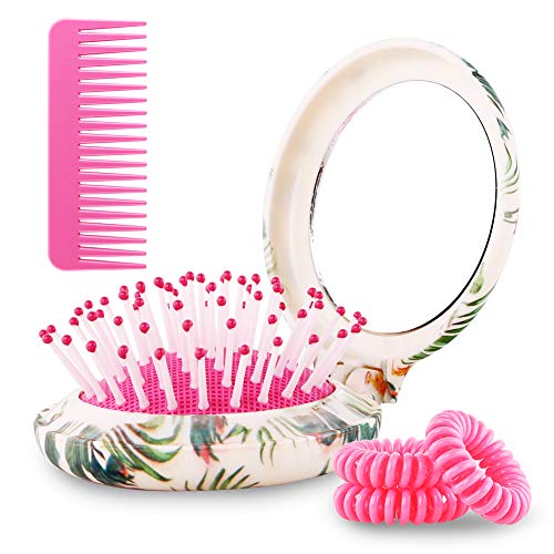 Black Egg Mini Travel Hair Brush Set Folding Pocket Size with Mirror Comb Hair Ties Detangler for Wet or Dry Hair for All Types of Hair Gifts For Women Pink Summer Style