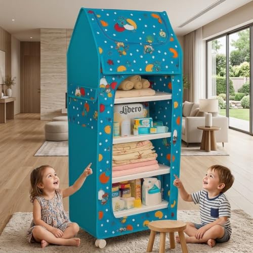 Image of YouCopia Baby Wardrobe Plastic Kids Storage Rack with Fabric Cover & Wheels | 6-Tier Plastic Shelves Organizer | Toy, Book & piceLiner Spice Drawer Liner, Kids Room (Firozi)