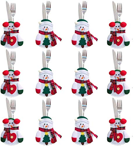 Shalwinn Bolsa para Cubiertos Navidad 12pcs Bolsita para Cubiertos de Navidad para Decoración Navidad, para Sostener Tenedor y Cuchara (Monigote de Nieve)