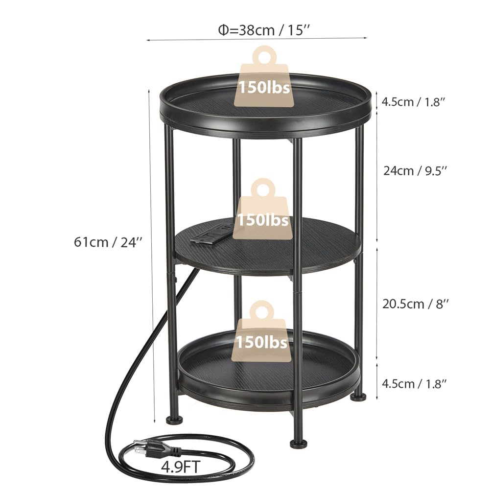 Dulcii Tavolino rotondo con stazione di ricarica, tavolino da 61 cm con 3 ripiani per soggiorno, camera da letto, comodino con struttura in acciaio per piccoli spazi, divano rotondo industriale (USB +
