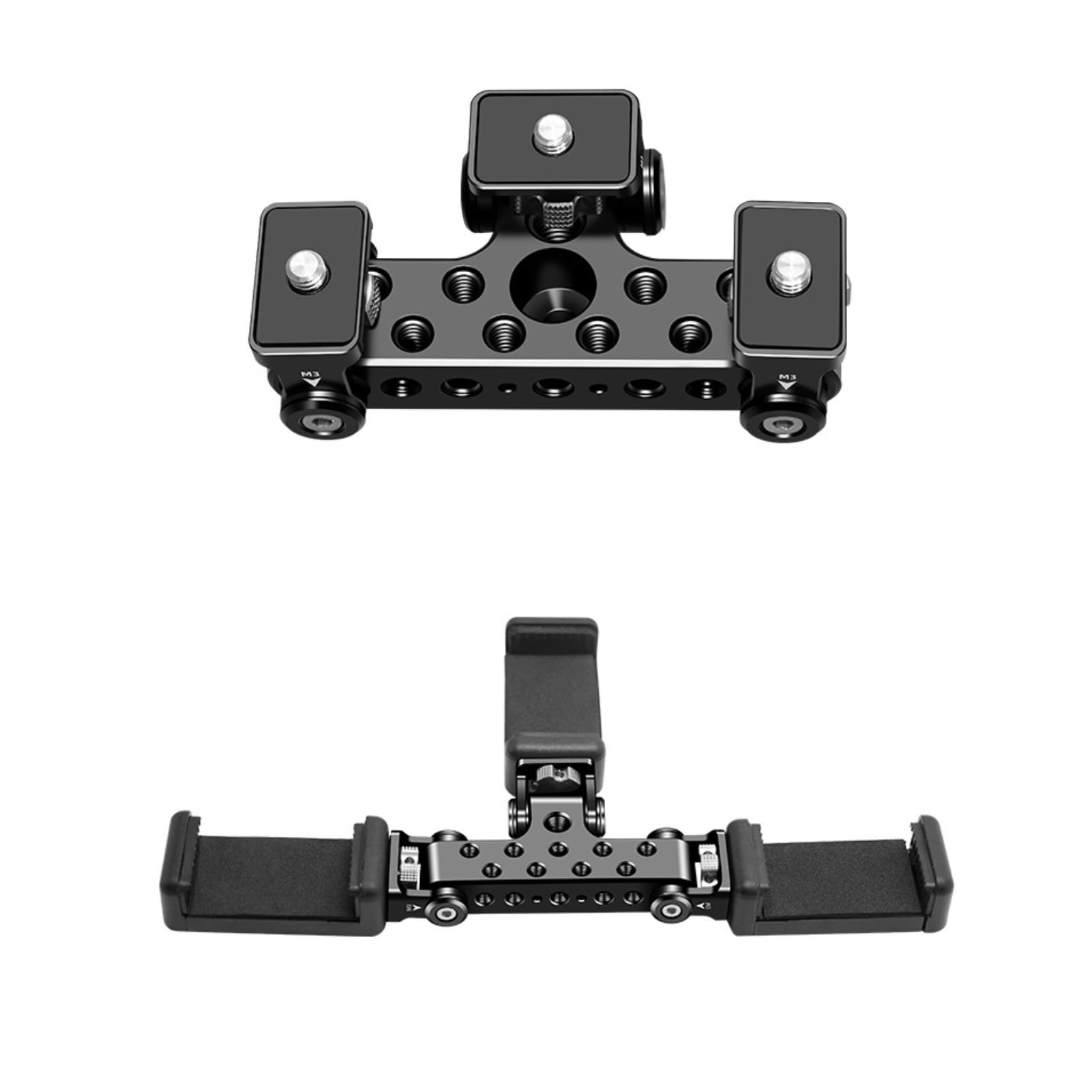 Supporto triplo per telefono per live streaming, staffa in alluminio rotante a 180° con filettatura da 1/4" e 3/8", contiene 3 telefoni per video e foto multi-angolo