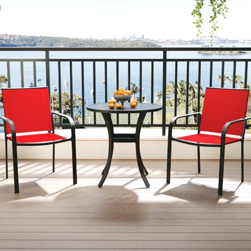 Image of Anmutig 3-Piece Outdoor Dining Set, Small Metal Bistro Table with 2 Stackable Sling Chairs, 27.5 x 27.5 Inch Round Table, Red Fabric