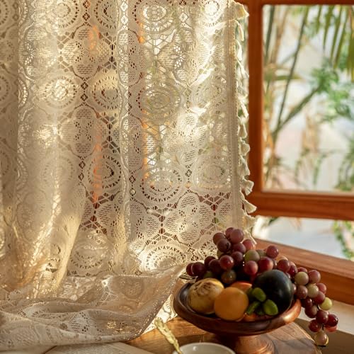 YJ YANJUN Boho Lace Curtains 63 inch Long 2 Panels -Vintage Floral Crochet Sheer Panels with Tassel...