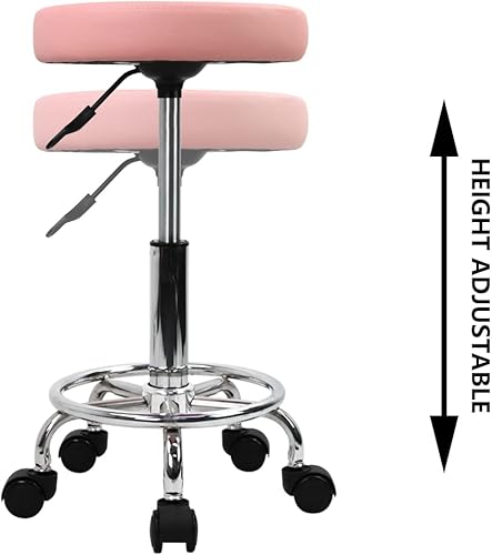 Vista 5 de KKTONER Taburete rodante redondo de piel sintética con reposapiés, ajuste de altura giratorio, spa, salón de dibujo, tatuaje, trabajo, oficina, Rosa