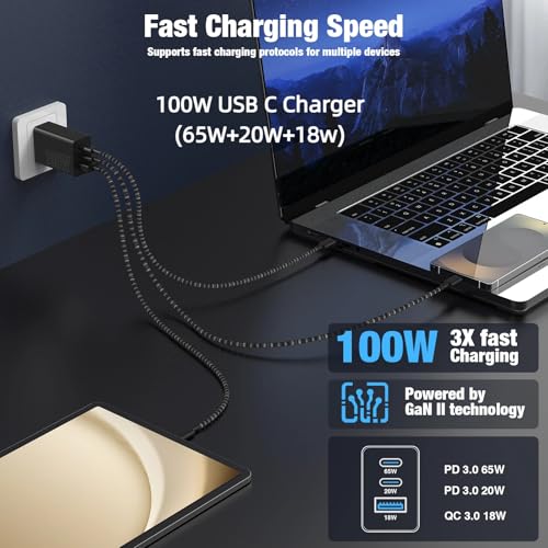 Image of 65W Super Fast Charger Type C for Samsung,3 Port 100W Quick Charging 3.0 USB C Block & 3 /6 /10 /10FT Braided Type C Cord for Samsung Galaxy S26 Ultra /S26 /S25 Ultra /MacBook Air /iPhone 17 18 Pro-Purple