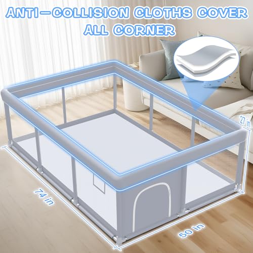 Image of XVISHX Baby Playpen 74 x 50 Inch Play Pen Playards, Playpen for Babies and Toddlers, Baby Playard for Indoor & Outdoor Active Center Game Fence, with Skin-Friendly Fabric and Soft Breathable Mesh Grey