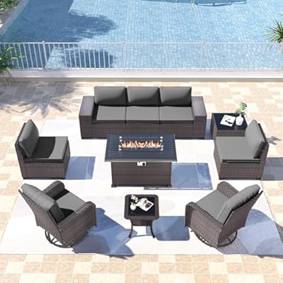 Kullavik 10 Pieces Outdoor Patio Furniture Set,PE Wicker Rattan Sectional Sofa Patio Conversation Sets with 43" 55000BTU Gas Propane Fire Pit Table,Swivel Rocking Chairs Set,Grey
