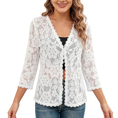 Chaqueta Corta Elegante De Encaje Floral Transparente De Manga 3/4 para Mujer Ideal para Ocasiones Especiales como Vestidos De Noche. Bolero De Encaje con Frente Abierto Cárdigans De Oficina Color