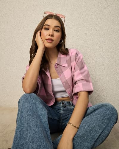 Image of Chimpaaanzee Women Checks Half Sleeve Crop Shirt