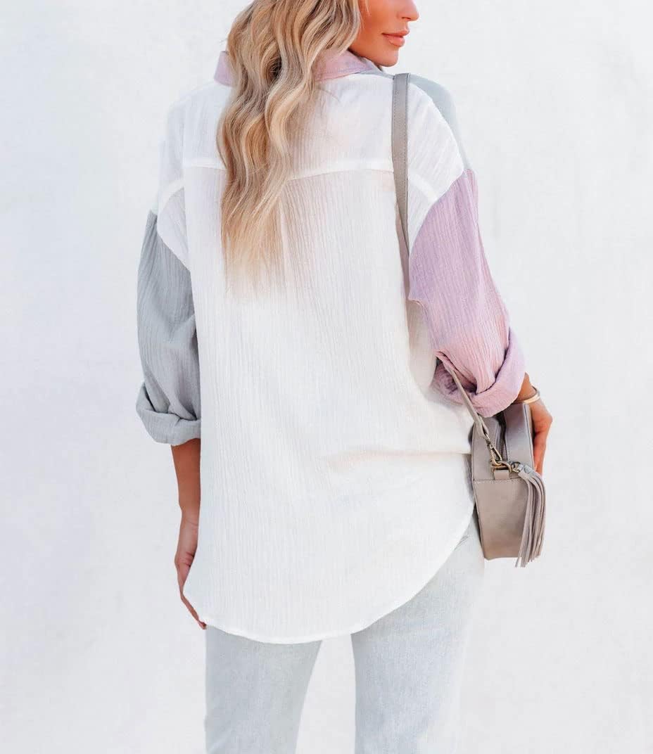 chouyatou Women's Color Block Long Sleeve Button Down Boyfriend Shirt Blouses - Image 3