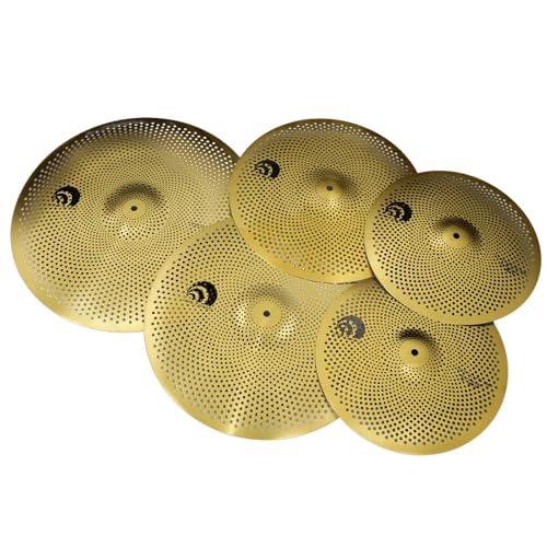 Beatello 5-Piece Low Volume Cymbals Set with 14 Hi-Hats & 20 Ride - B20 Bronze Alloy Sound Control Crashes for Electronic/Acoustic Drums Practice & Quiet Playing (Gold/Silver) (Gold)