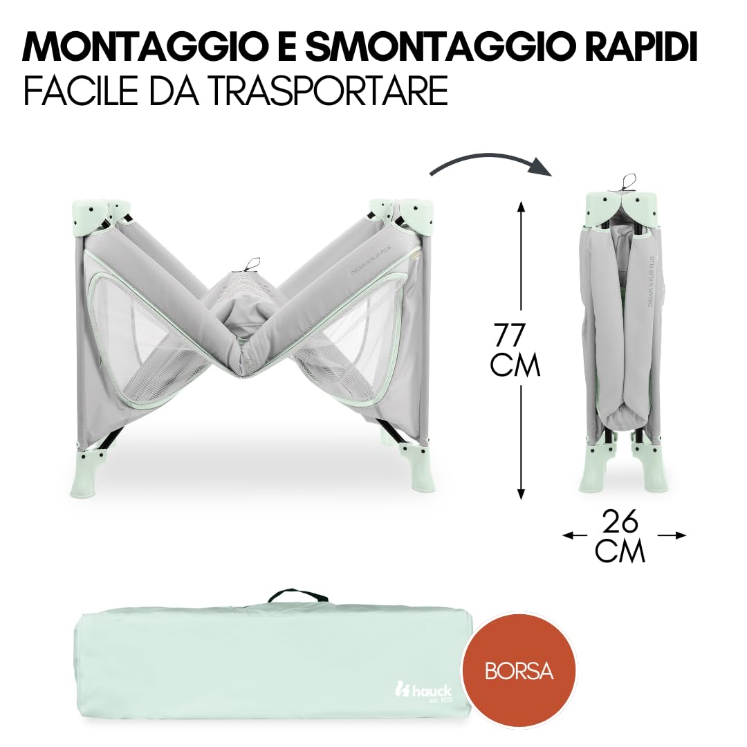 hauck Lettino Neonato Da Viaggio Dream N Play Plus - Set XXL Con Materasso, Tenda Gioco e Zanzariera - Culla Da Campeggio Pieghevole Con Borsa e Ampia Apertura - (Dusty Mint)