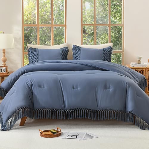 Image of Andency Comforter Full Size Set Bluish Grey, Boho Lightweight Vintage Soft Bedding Comforter Sets, 3 Pieces Bed Set (79x90In Comforter & 2 Pillowcases)