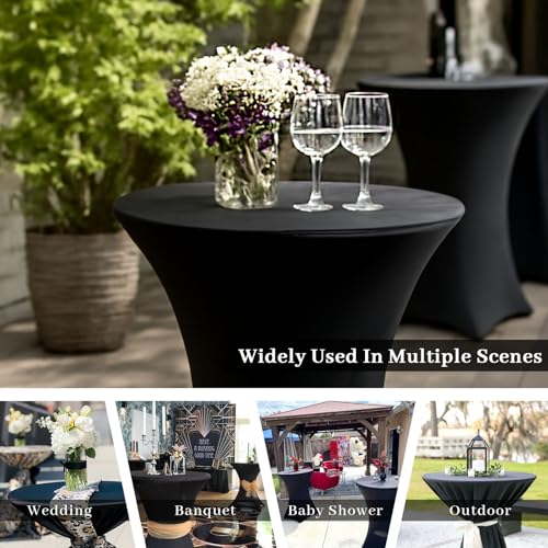 Image of Fixwal 8 Pack Spandex Cocktail Table Covers, 32x43 Inch Black Fitted Stretch Highboy Round Cover Table Cloth for Party, Bar, Pub, Wedding, Banquet