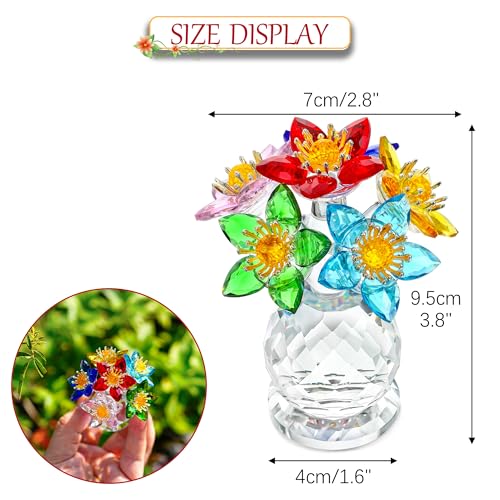 KRISININE Crystal Christmas Flower Figurine with Vase Base 3.8in Tall Multicolor Glass Flower Figurine Collectibles Home Decor for Christmas(Colorful)