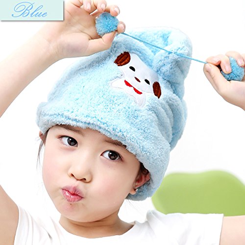 Shintop Dry Hair Cap - Fiber Soft Coral Fleece Hair Dry Hat Absorbent Hair Wrap Cap for Kids (Blue)