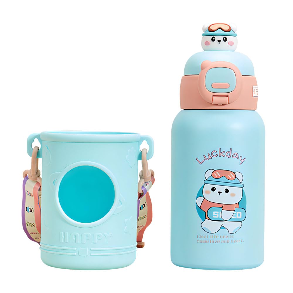 Insulated Drinking Bottle, Cartoon Bottle with Straw & Spout Lid Cup Sleeve Stainless Steel Insulated Water Cup for Home Office Travel