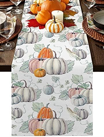 Fall Decor Thanksgiving Table Runner, Kitchen Decor Linen Burlap Table Runners, Farmhouse Decor Table Runner for Holiday Parties Wedding, Pumpkin Maple Leaves Seasonal Fall Harvest Table Decor 13x90in