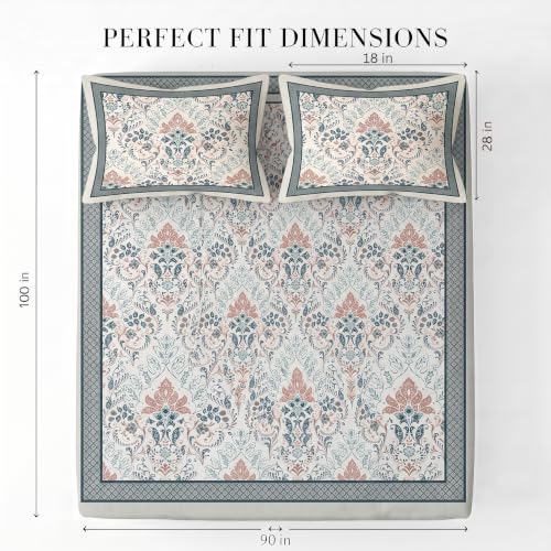 Image of BSB HOME 240 TC Cotton Feel Double Bedsheet with 2 Pillow Covers, Premium Soft Breathable Bed Sheet Set, Fade Resistant, All-Season, Easy Care, 90 x 100 Inches (228 x 254 cm) - Slate Blue & Ivroy