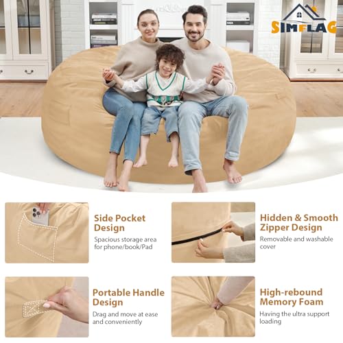 7FT Bean Bag Chair, Large Bean Bag Chairs with Memory Foam Filled, Fluffy Beanbag Sofa with Dutch Velvet Cover, Round BeanBag Chairs for Living Room, Playroom - Khaki