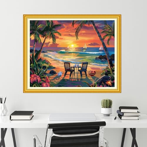 Image of Funchey Stamped Cross Stitch Kits, DIY Cross Stitch Pattern for Adults Beginners Needlepoint Kits Embroidery Kit Arts and Crafts 11CT-Rest by the Seaside 16x20 inch