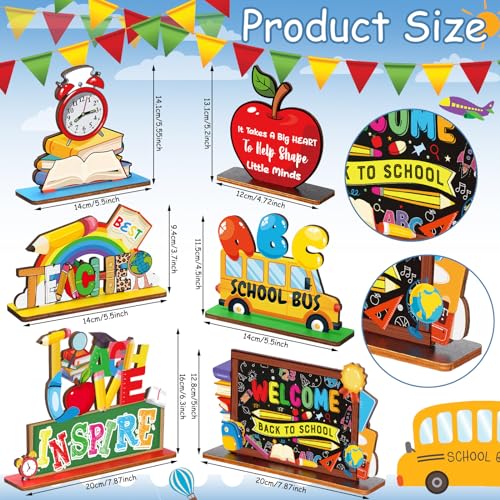 Image of Yuntau 6 Pcs Back to School Wooden Table Decorations Teacher Appreciation Desk Signs, Inspirational Classroom Tiered Tray Decor with School Bus Teach Love Design, First Day of Decorations for Teachers