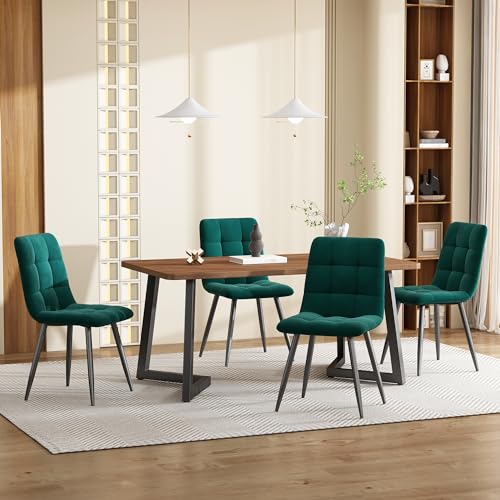 Juego de mesa de comedor (117 x 68 x 75 cm) con 4 sillas, moderno juego de mesa de cocina de grano de madera con patas de metal negro, tablero de fibra de densidad media en color nogal, sillas de