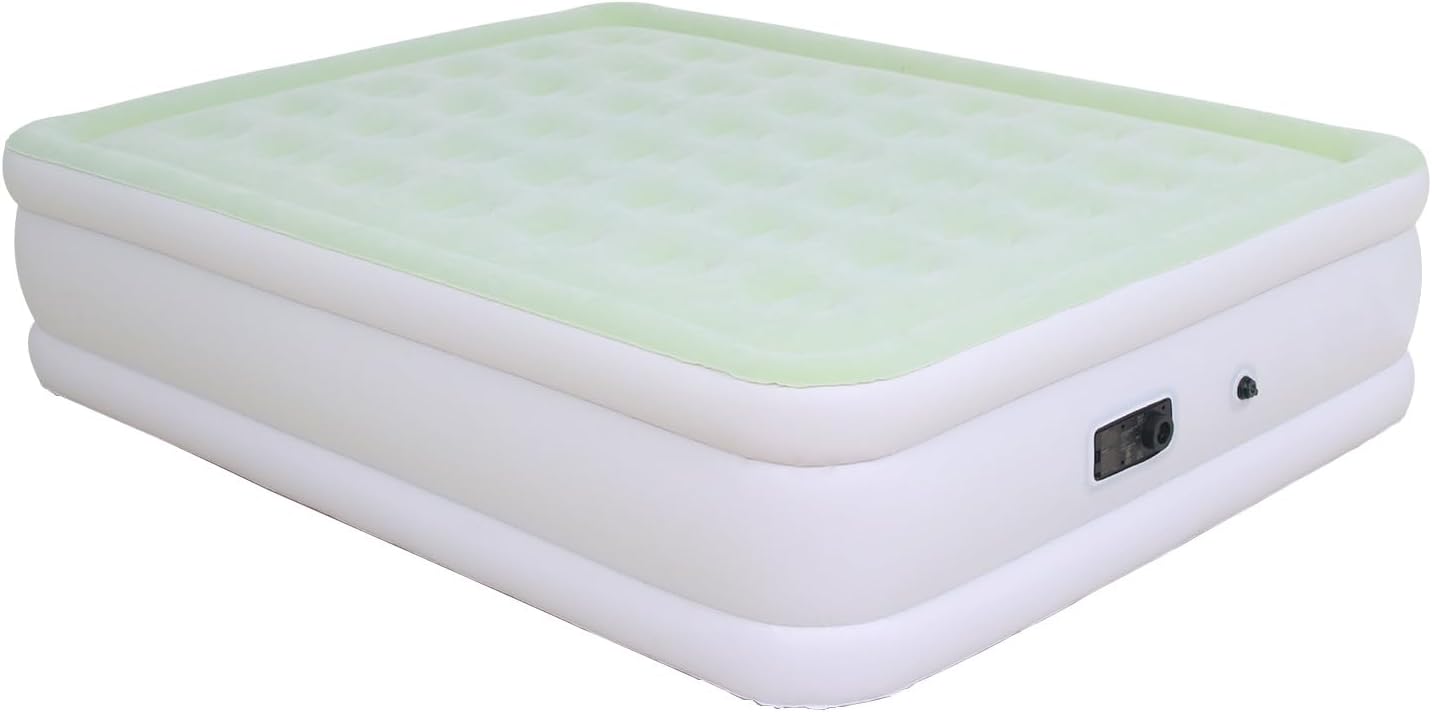 Queen Size Air Mattress with Built-in Pump, Inflatable Bed Blow Up Mattress 18in, Green White