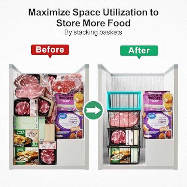 iSPECLE Freezer Organizer Bins - 4 Pack Stackable Deep Freezer Organizer Bins for 5 Cu.Ft Chest Freezer Easy Get Food from Bottom without Digging, Add Space Sort Store More Frozen Food, Black