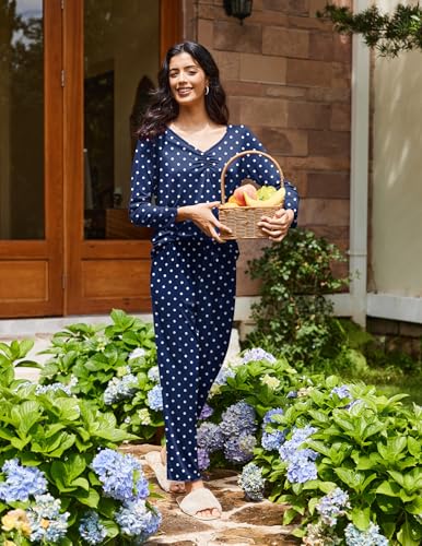 Image of Ekouaer Womens 2 Pack Pajama Set Long Sleeve Pajamas Top and Pants V Neck Pjs Set Soft Sleepwear Loungewear