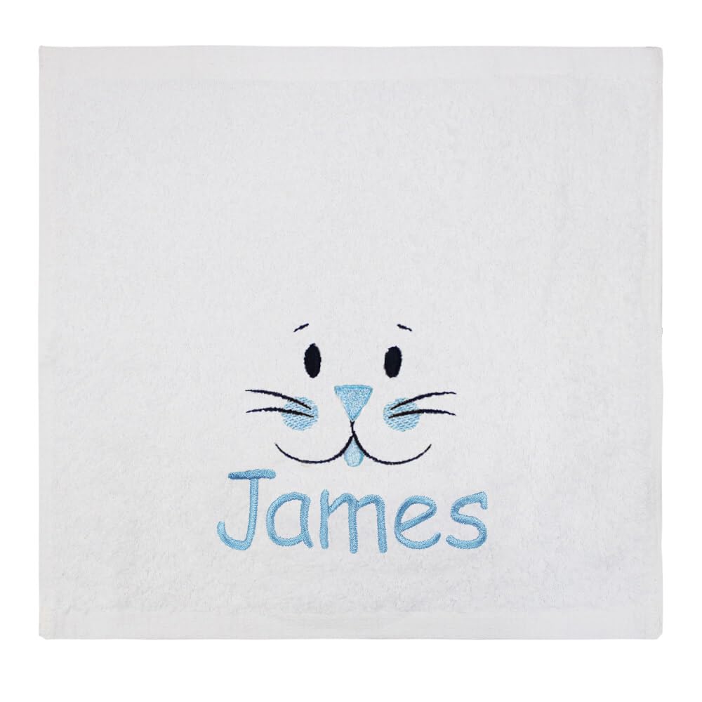 Teddyt's Blue Embroidery Children's Personalised Bunny Rabbit Bath Time Face Wash Flannel Towel (Blue Embroidery)