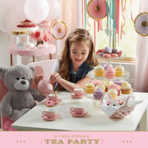 FAO Schwarz Ceramic Tea Party Set for Kids, Pink Polka Dot, 9 Pieces - Thumbnail 4
