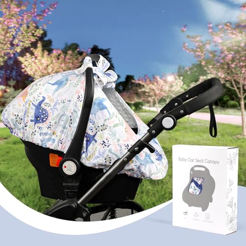 Image of Pea Pod Car Seat Cover Baby Boy, Infant Car Seat Canopy Covers for Newborn with 2 Layers Windows of Breathable Mesh Fabric, Lightweight Polyester /Soft Minky Dot Backing
