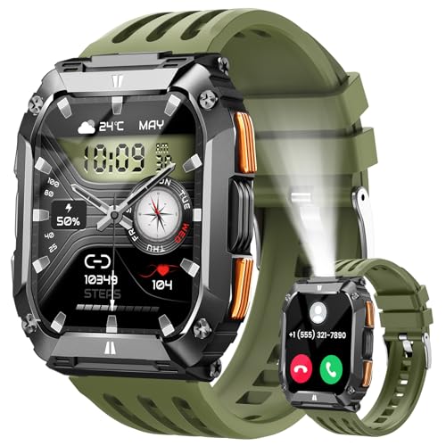 Relojes inteligentes para hombre, reloj inteligente militar con monitor de presión arterial/frecuencia cardíaca/sueño, reloj resistente al agua con monitor de actividad física para Android y iPhone