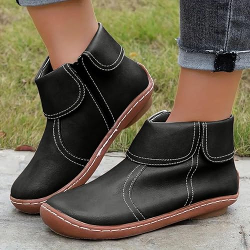 Women's Vintage Casual Short Ankle Boots, Fall Boots 2025 Arch Support No Heel Side Zipper Retro Leather Booties Comfy Damping Slip On Flat Shoes Fall Winter Waterproof Combat Boots2