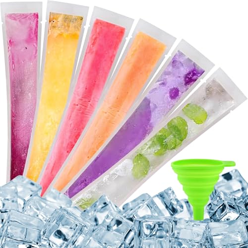 Lot de 100 sacs à glace jetables avec entonnoir, sacs sans BPA, sachets à sucettes glacées pour fabrication de glaces à la maison, sacs pour yaourt, jus, crème...
