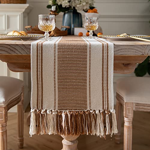 Caflife Boho Table Runner Brown for Modern Farmhouse Coffee Table Decor, Rustic Woven Runner with Handcrafted Tassels for Home Dining Table décor 13 x 72 Inch Long