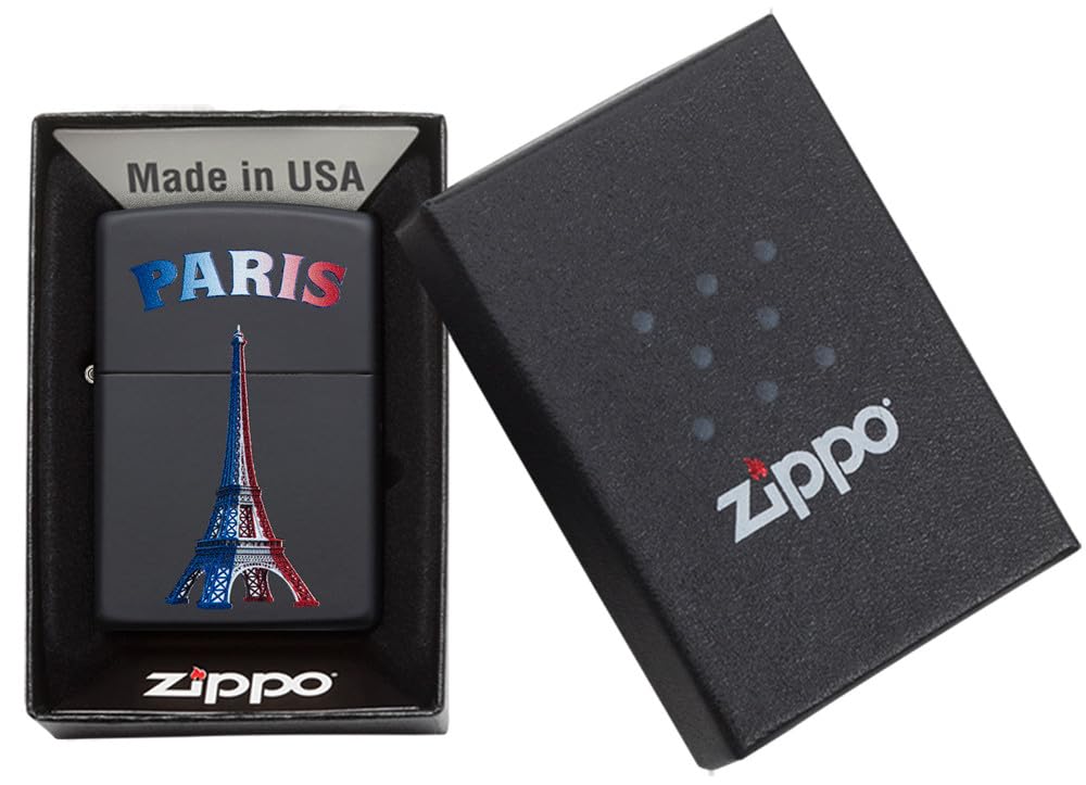 Zippo Sturmfeuerzeug - Paris Eiffel Tower Flag, Black Matte, Color Image - Nachfüllbar - Wiederverwendbar - Windfestes Design - Geschenkbox - Made in USA
