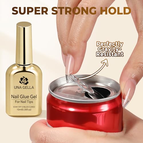 Image of UNA GELLA 9 in 1 Gel Nail Glue U V Light Super Hold for Gel Nails Tips, 10 ml Brush On Nail Glue for Light-color Press On Nails, Rhinestones, Base coat, Blooming Art, Acrylic Tips Lamp Needed
