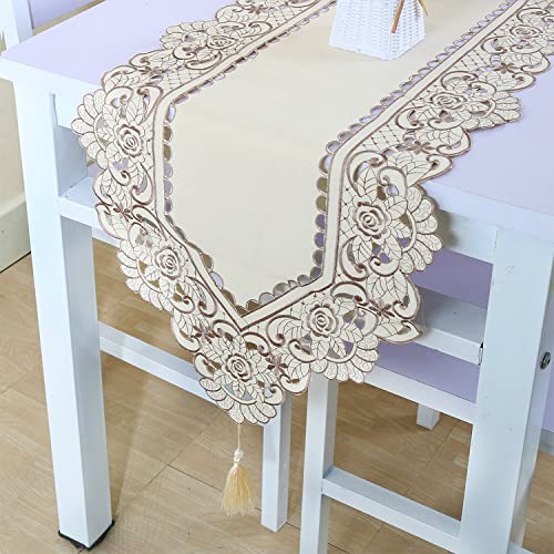 Sourcingmap Flowers Dining Table Runner Embroidered Tassel Light Beige Rose 15x59 Inch, 15"x59" - Image 2
