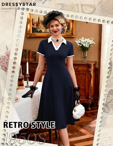 Image of Dressystar Women's 1950s Vintage Swing Dress Short Sleeve V Neck A Line Retro Rockabilly Cocktail Party Dresses With Pockets