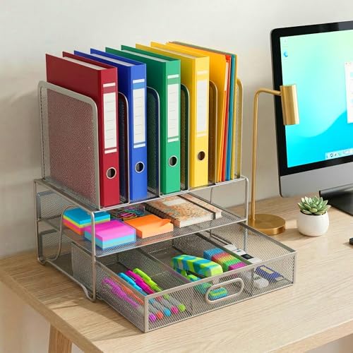 Relaxdays Schreibtisch Organizer, Ordnerhalter mit Schublade & 6 Ablagen, Büro, HBT: 36 x 35 x 24,5 cm, Metall, Silber