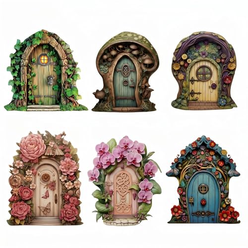 CavspkArt 6 Pcs Wooden Fairy Door Set Miniature Elf Doors for Outdoor Garden Decor Whimsical Fairy Garden Accessories for Trees Yards Patio and Indoor Decoration