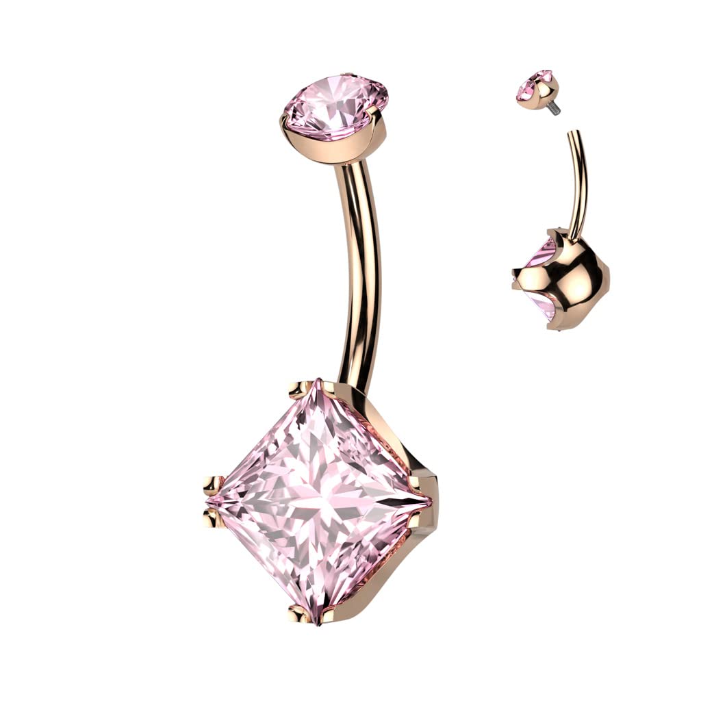 Tata Gisèle Piercing para ombligo de titanio y circonios – Barra de plátano con 1 circonita redonda y 1 gran circón cuadrado engarzado 4 garras