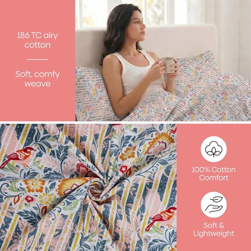 Image of Haus & Kinder King Size Bedsheet for Double Bed with 2 Pillow Covers 108 x 108 Inches | 186 TC Cotton Bedsheet for King Size Bed - Whispering Song Bird