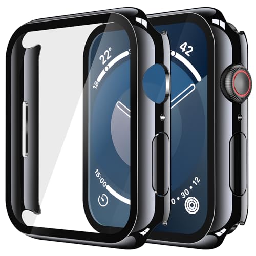 Misxi 2 Pack Tempered Glass Case Compatible for Apple Watch Series 9 Series 8 Series 7 45mm, Hard PC Screen Protector Overall Protection Scratch-Resistant Cover for iWatch, Jet Black