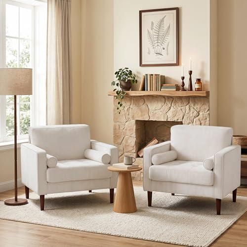 Image of Accent Chairs Stet of 2, Chenille Upholstered Armchairs for Living Room, Comfy Single Sofa Bedroom Reading Seat with 2 Bolster Pillows, Beige