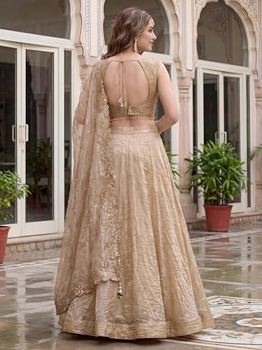 Image of Zeel Clothing Women's Zari Sequins Embroidered Work Crush Silk Lehenga Choli With Dupatta (5136-Golden-Women-Lehenga-Choli-Latest; Free size)