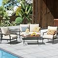 NATURAL EXPRESSIONS 4 Pieces Patio Furniture Set, Outdoor Furniture Sofa Sectional Modern Metal Patio Conversation Set with High Back Wicker Backrest & Loveseat for Balcony, Backyard, Deck, Porch